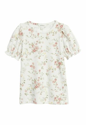 Biała dziecięca koszula z krótkim rękawem w różowy kwiecisty wzór, z okrągłym dekoltem i elastycznymi marszczonymi mankietami.