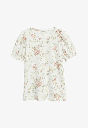 Weißes Kinderhemd mit kurzen Ärmeln, pinkem Blumenmuster, rundem Ausschnitt und elastischen, gerafften Bündchen.