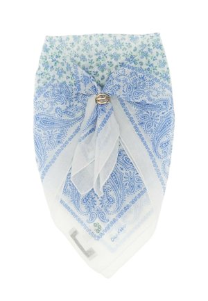 Sciarpa azzurra chiara e bianca con motivo paisley, legata con un anello dorato, con piccoli dettagli floreali blu e verdi nella parte superiore.