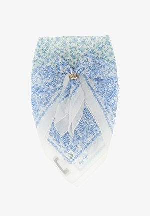 Sciarpa azzurra chiara e bianca con motivo paisley, legata con un anello dorato, con piccoli dettagli floreali blu e verdi nella parte superiore.