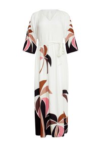 Weißes Kleid mit V-Ausschnitt, weiten Ärmeln und gebundenem Saum. Mit einem mehrfarbigen Blattmuster in Rosa, Braun und Schwarz. Glattes Gewebe.