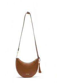 Brown leather crossbody bag with a curved shape, gold hardware, and a tassel accent. Features a branded logo at the front.