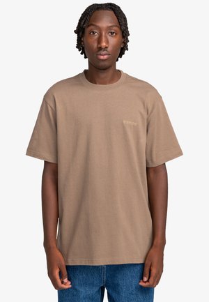 Brown cotton t-shirt with a crew neckline and short sleeves, featuring a small embroidered logo on the chest. Casual fit and soft texture.