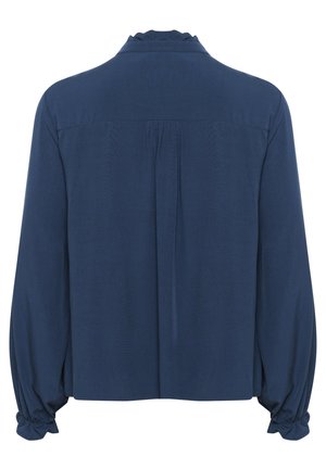 Marineblaues Langarmhemd mit rüschenbesetztem Kragen, knöpfbarem Rücken und elastischen Bündchen. Glatter Stoff mit einem leicht lockeren Schnitt.