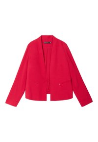 Blazer rosso con maniche lunghe, apertura davanti, due tasche frontali con accenti metallici e una finitura in tessuto testurizzato.