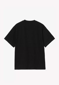 Maglietta nera a maniche corte con scollo rotondo, realizzata in cotone, con una texture liscia e senza motivi o accenti visibili.