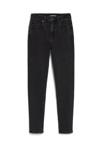Slim-fit zwarte denim jeans met een hoge tailleband, voorzien van vijf zakken en een knoopsluiting. Glad oppervlak, minimale stikdetails.
