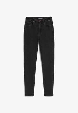 Slim-fit black denim jeans with a high-rise waistband, featuring five pockets and a button closure. Smooth texture, minimal stitching details.