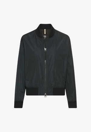 Veste bomber noire avec un extérieur en nylon lisse, fermeture éclair sur le devant, poignets et ourlet côtelés, et poches latérales pour un look épuré.