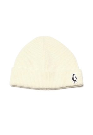 Cremfarbener Strickbeanie mit gerippter Textur und umgeschlagenem Bündchen. Auf der Seite befindet sich ein kleines schwarzes Pinguin-Logo.