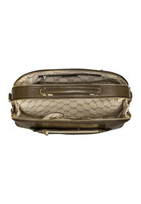 Zielona oliwkowa skórzana torba z złotymi akcentami, posiadająca wiele zasuwanych przegrod i wzorzyste beżowe podszewki.