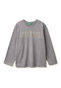 Šedá mikina s dlouhým rukávem s potiskem "United Colors of Benetton" v žluté barvě. Měkký materiál, klasický kulatý výstřih a volný střih.