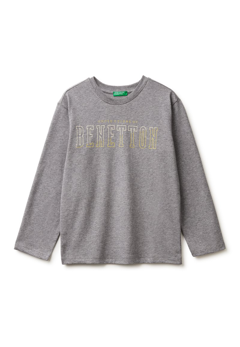 Šedá mikina s dlouhým rukávem s potiskem "United Colors of Benetton" v žluté barvě. Měkký materiál, klasický kulatý výstřih a volný střih.