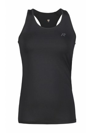 Sort sports tanktop lavet af glat stof, med racerback-design og et lille logo på forsiden. Ingen mønstre eller detaljer.
