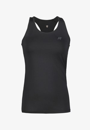 Sort sports tanktop lavet af glat stof, med racerback-design og et lille logo på forsiden. Ingen mønstre eller detaljer.
