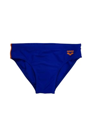Slip da uomo blu con logo arancione e striscia laterale del marchio Arena su sfondo bianco.