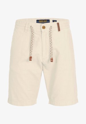 Beige herenshorts van katoen. Voorzien van een verstelbare taille met bruine leren accenten en een knoopsluiting aan de voorkant. Soepele textuur, knielange snit.