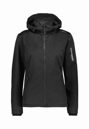 Sort hættetrøje med lynlås, lavet af glat stof. Har en lynlåslomme på venstre arm og elastiske manchetter. Minimalistisk design.