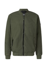 Olivgrüne Bomberjacke aus Polyester, mit gerippten Bündchen und Saum, vorderem Reißverschluss, zwei seitlichen Taschen, minimalistisches Design, ohne Muster.