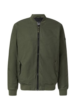 Oliwkowa bomberka, wykonana z poliestru, ze ściągaczami przy mankietach i u dołu, z zamkiem błyskawicznym z przodu, dwoma bocznymi kieszeniami, minimalistyczny design, bez wzorów.