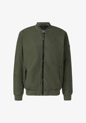 Oliwkowa bomberka, wykonana z poliestru, ze ściągaczami przy mankietach i u dołu, z zamkiem błyskawicznym z przodu, dwoma bocznymi kieszeniami, minimalistyczny design, bez wzorów.