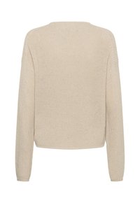 Pull beige en maille à manches longues visible de dos, avec un motif simple à point régulier et un ourlet droit.