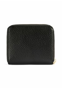 Czarny skórzany portfel na zamek błyskawiczny o fakturze, z zaokrąglonymi rogami i złotym uchwytem zamka na białym tle.