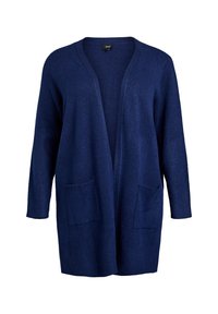 Cardigan bleu marine à ouverture devant, à manches longues et avec des poignets côtelés. Dispose de deux poches avant et d'un tissu doux et texturé.