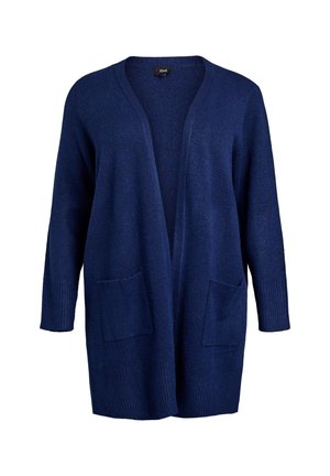 Navy blue cardigan with open front, long sleeves, and ribbed cuffs. Features two front pockets and a soft, textured fabric.