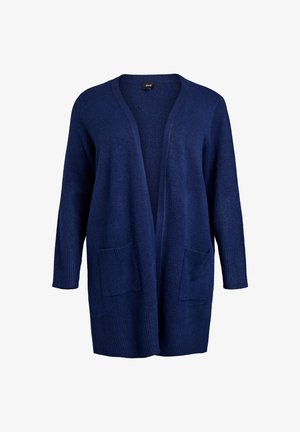 Laivastonsininen neulecardigan, jossa on avoin etuosa, pitkät hihat ja ribatut hihansuut. Siinä on kaksi etutaskua ja pehmeä, teksturoitu kangas.