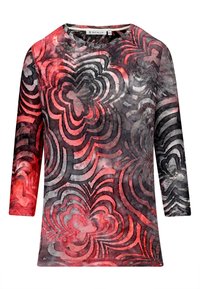 Langarmshirt mit wirbelndem Muster in roten, schwarzen und grauen Farbtönen, runder Ausschnitt und strukturierte Stoffe.