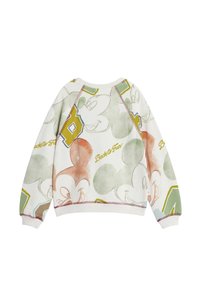 Sweatshirt met een ronde hals, voorzien van pastelgekleurde graphics, waaronder cartoonachtige figuren en tekst, met ribbels aan de manchetten en onderrand.