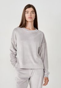 Felpa in velour grigio chiaro, morbida e dal taglio rilassato, con scollatura rotonda e maniche lunghe. Presenta una texture liscia e cuciture minime.
