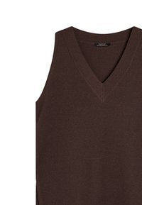 Brązowy dzianinowy bezrękawnik w kształcie litery V z prążkowanym dekoltem i bocznymi rozcięciami.