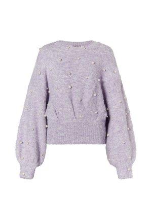 Lila gebreide trui met een zachte textuur, versierd met decoratieve parels op het oppervlak en ruime mouwen, cropped zoom en ronde halslijn.