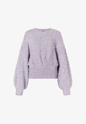 Lila gebreide trui met een zachte textuur, versierd met decoratieve parels op het oppervlak en ruime mouwen, cropped zoom en ronde halslijn.