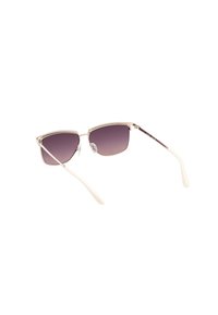 Occhiali da sole con montatura in metallo dal design cat-eye, lenti sfumate grigie scure e aste bianche, dotati di naselli regolabili e dettagli con logo.