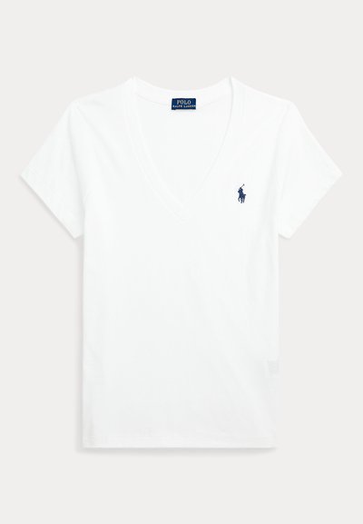 White short-sleeve V-neck t-shirt with small dark blue Polo Ralph Lauren logo on the left chest.