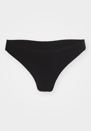 Black bikini bottom made of smooth, stretchy fabric. Features a minimalistic design with a v-cut waistband and clean lines.