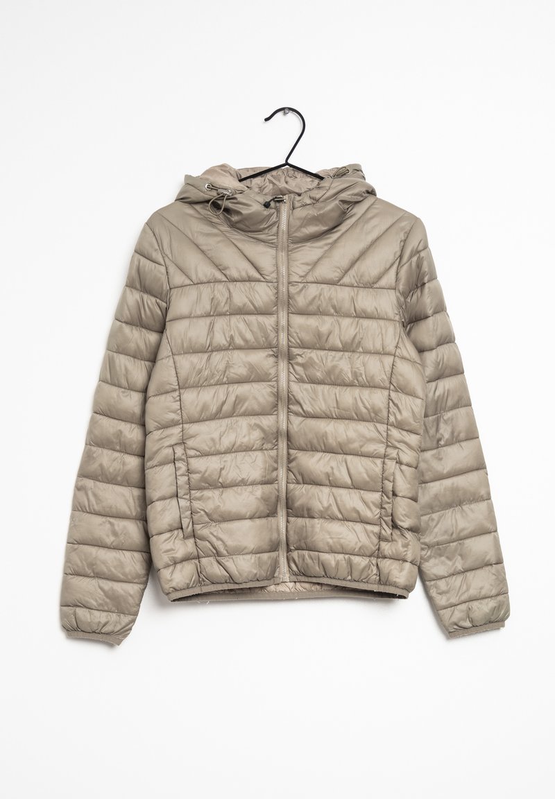 Padded jacket in a light beige color, featuring a front zip closure, a hood, and diagonal quilted texture throughout.