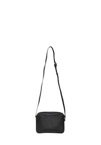 Borsa a tracolla rettangolare nera con tracolla regolabile e zip color oro su uno sfondo bianco.