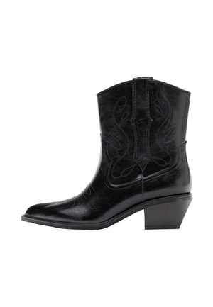 Schwarzer Leder-Cowboystiefel mit spitzer Spitze, dekorativen Nähten, mittelhohem schrägem Absatz und Zuglasche am oberen Schaft.
