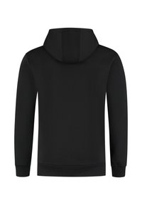 Zwarte hoodie met lange mouwen, weergegeven van de achterkant, met ribgebreide manchetten en zoom, kenmerkend door een eenvoudig ontwerp zonder zichtbare logo's of patronen.