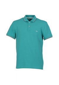 Tirkizna polo majica od pamuka s ovratnikom, s dvostrukim gumbom i bijelim logotipom. Sadrži kontrastne pruge na rukavima.