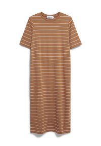 Hnědé bavlněné šaty s bílými vodorovnými pruhy, krátkými rukávy, kulatým výstřihem a volným střihem. Navrženo pro pohodlí a každodenní nošení.