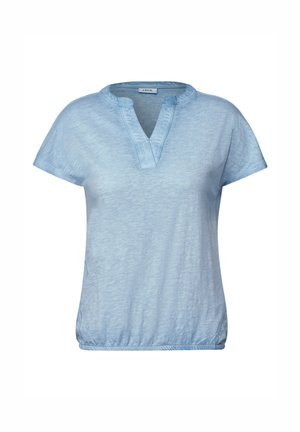 Light blue short-sleeve top with a V-neckline, made from soft fabric, featuring a relaxed fit and subtle texture. Elasticated hem.