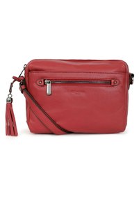Borsa a tracolla rossa in pelle con tasca frontale con zip, tracolla regolabile e dettaglio a nappina. Texture liscia con cuciture minime.