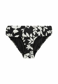 Čierne bikini spodky s bielym kvetinov�ým vzorom, s prehnutým dizajnom a hladkou textúrou. Materiál je elastický a ľahký.
