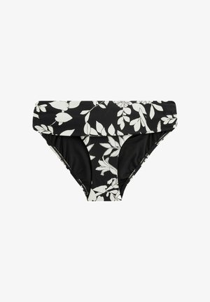 Czarne majtki bikini z białym kwiatowym wzorem, z wywiniętym fasonem i gładką teksturą. Materiał jest elastyczny i lekki.