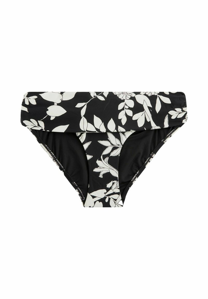 Čierne bikini spodky s bielym kvetinovým vzorom, s prehnutým dizajnom a hladkou textúrou. Materiál je elastický a ľahký.
